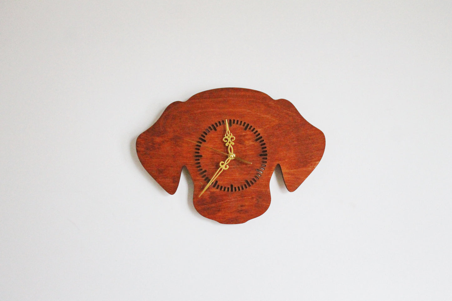 Dog Silhouette Wall Clock – Handmade Birch Plywood Decor, Mahogany Stain, Laser-Cut Gift for Pet Lovers