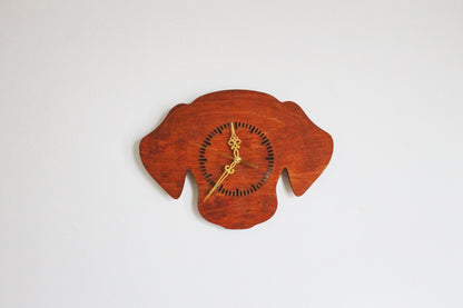 Dog Silhouette Wall Clock – Handmade Birch Plywood Decor, Mahogany Stain, Laser-Cut Gift for Pet Lovers