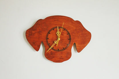 Dog Silhouette Wall Clock – Handmade Birch Plywood Decor, Mahogany Stain, Laser-Cut Gift for Pet Lovers