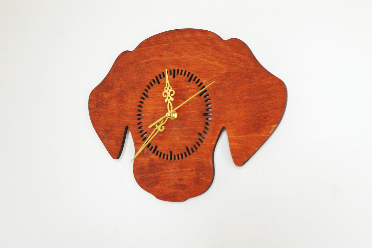 Dog Silhouette Wall Clock – Handmade Birch Plywood Decor, Mahogany Stain, Laser-Cut Gift for Pet Lovers