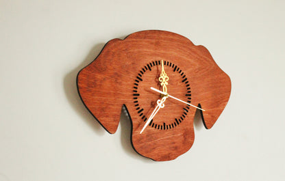 Dog Silhouette Wall Clock – Handmade Birch Plywood Decor, Mahogany Stain, Laser-Cut Gift for Pet Lovers