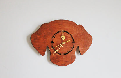 Dog Silhouette Wall Clock – Handmade Birch Plywood Decor, Mahogany Stain, Laser-Cut Gift for Pet Lovers