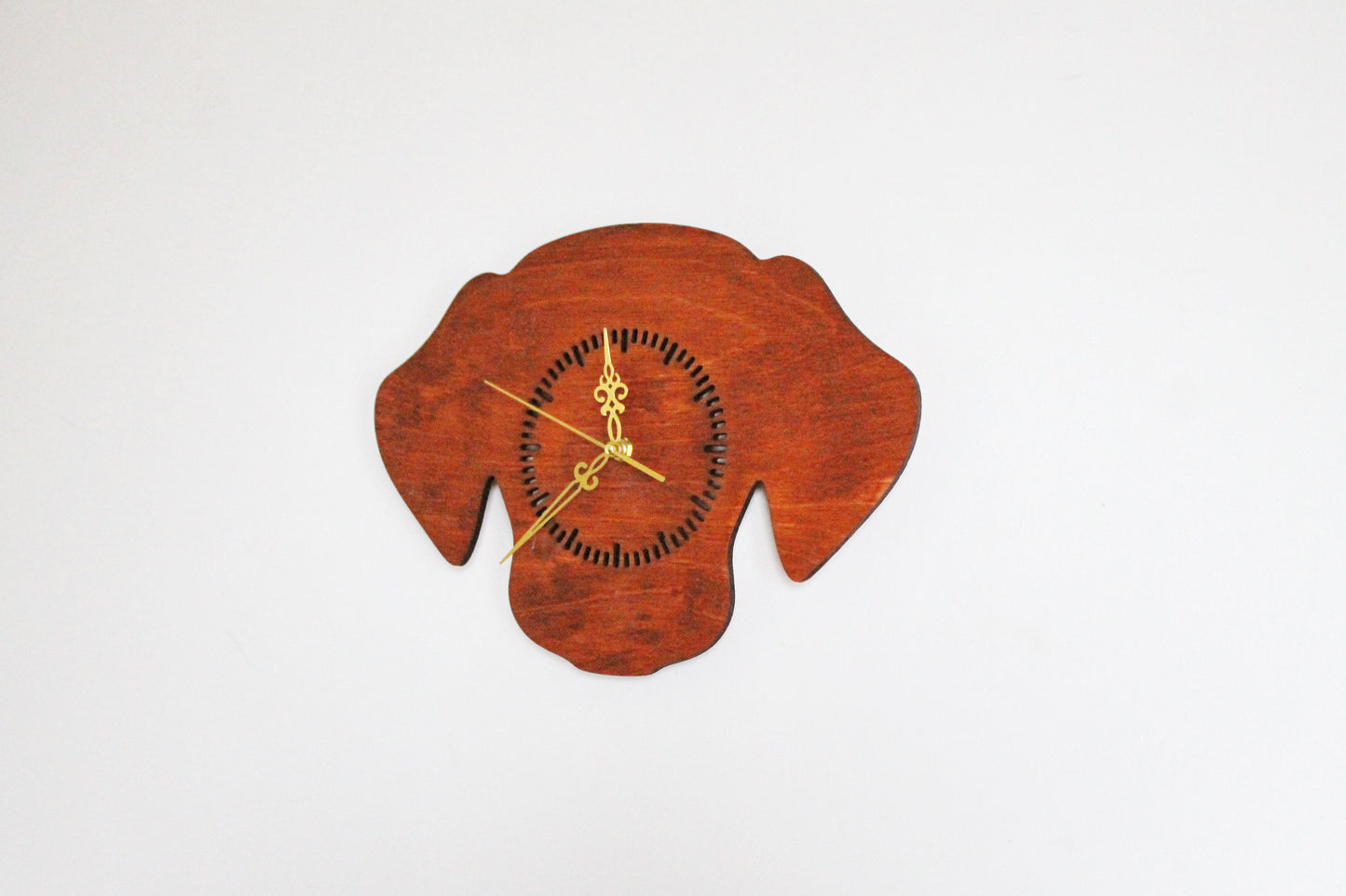 Dog Silhouette Wall Clock – Handmade Birch Plywood Decor, Mahogany Stain, Laser-Cut Gift for Pet Lovers