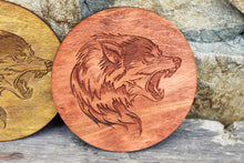 Load image into Gallery viewer, Round Wolf wooden engraving coasters 100 mm - 3.9 inches - Modern coasters - Handmade coasters
