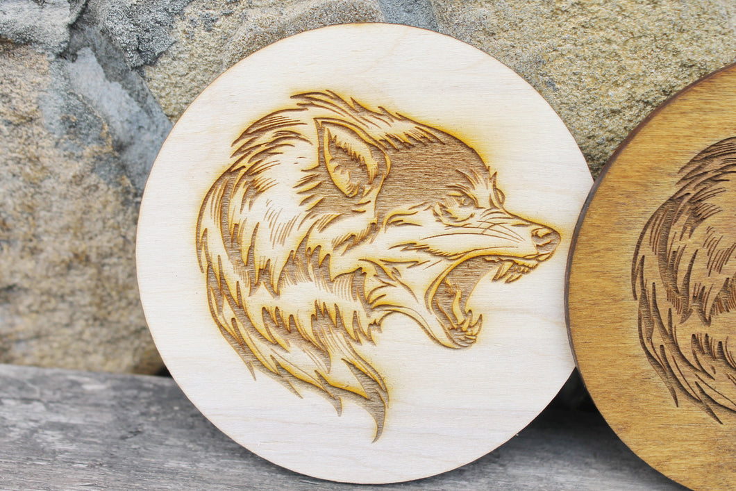 Round Wolf wooden engraving coasters 100 mm - 3.9 inches - Modern coasters - Handmade coasters