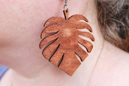 Wooden monstera earrings - red wood color - 2.6 inches - with silver plated hooks - handmade earrings