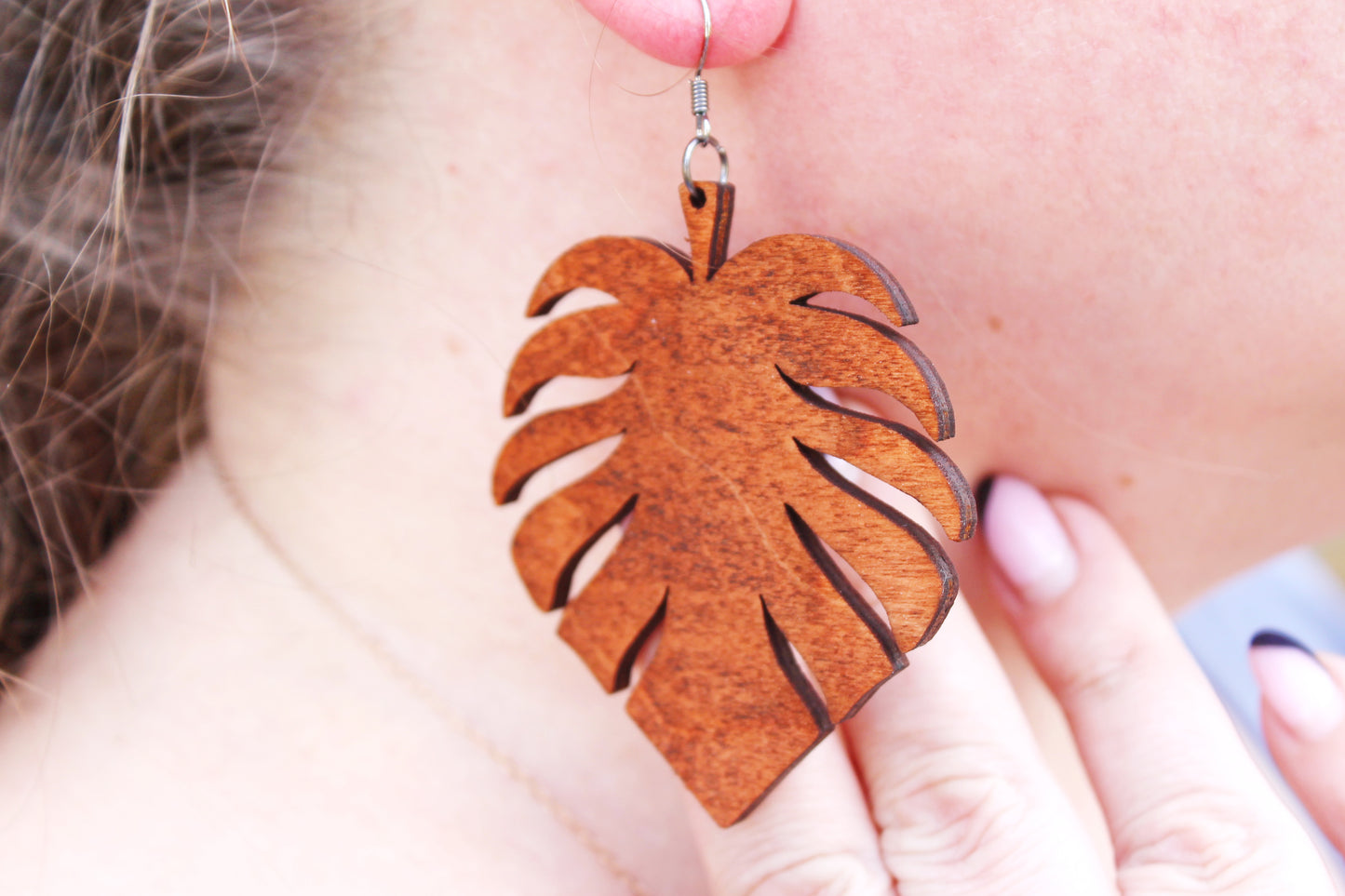 Wooden monstera earrings - red wood color - 2.6 inches - with silver plated hooks - handmade earrings