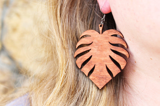 Wooden monstera earrings - red wood color - 2.6 inches - with silver plated hooks - handmade earrings