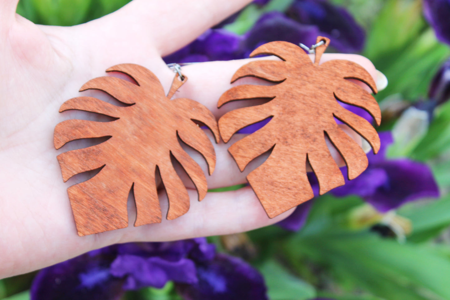 Wooden monstera earrings - red wood color - 2.6 inches - with silver plated hooks - handmade earrings