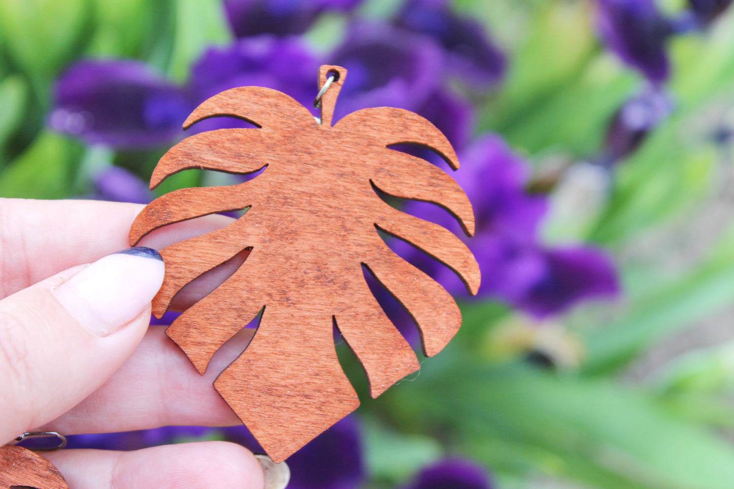 Wooden monstera earrings - red wood color - 2.6 inches - with silver plated hooks - handmade earrings