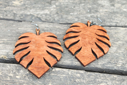 Wooden monstera earrings - red wood color - 2.6 inches - with silver plated hooks - handmade earrings