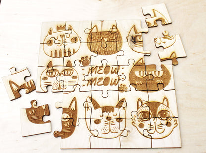 Wooden puzzle - Funny Cats - kids adult puzzle - laser cut puzzle blank 7.9 inch - Wooden Puzzle - engraving puzzle - made of plywood