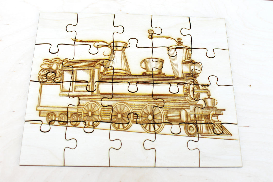 Wooden puzzle - Coffee Lokomotive - laser cut puzzle blank 7.5 inch - Wooden Puzzle - engraving puzzle - made of plywood