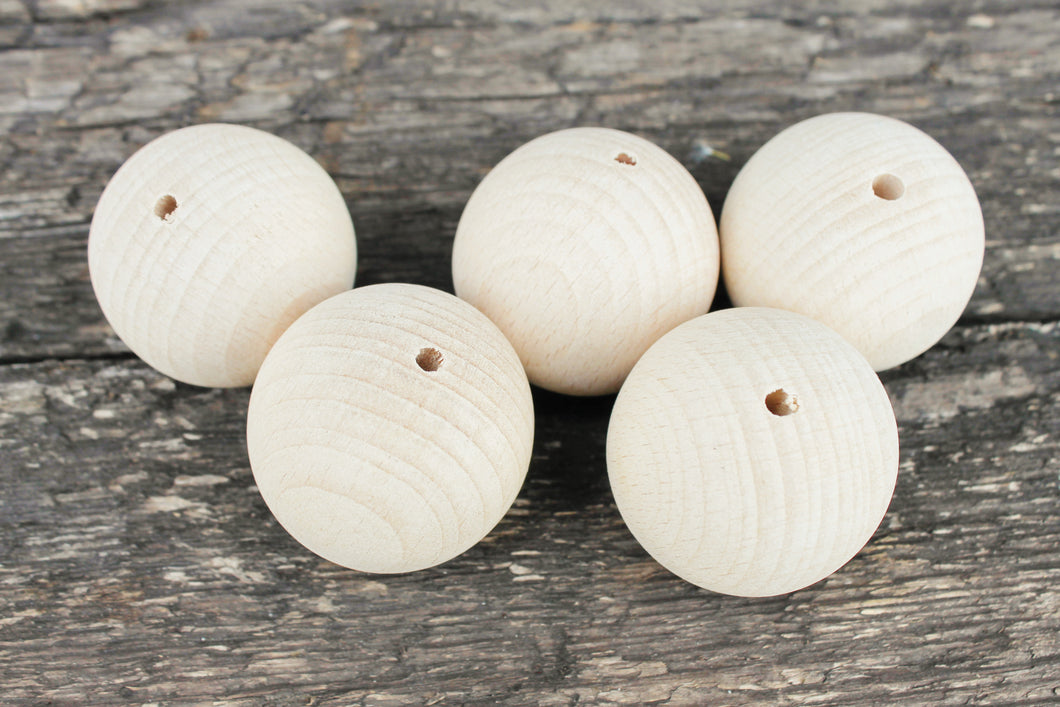 Set of 5 - 50 mm (2 inches) big wooden bead (wooden ball) 5 mm hole - natural eco friendly - made of beech wood