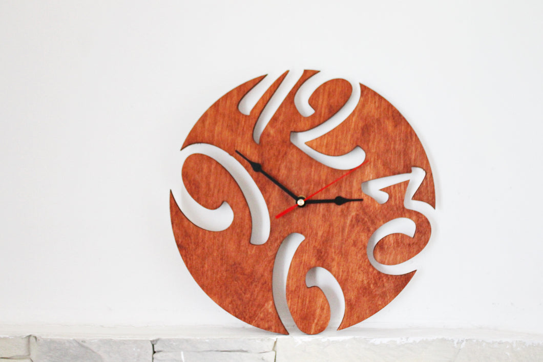 Wooden modern clock - red wood color - 300 mm - 11.8 inches - light and ready to ship - handmade clock - Silent clock mechanism