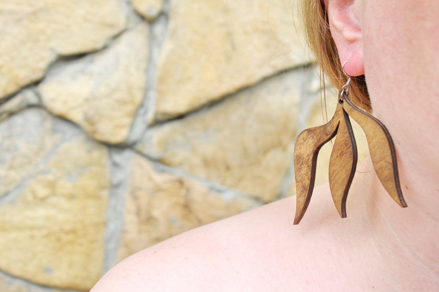 Wooden leaf boho earrings - chestnut color - 3 inches - with silver plated hooks - handmade earrings