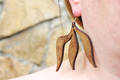 Wooden leaf boho earrings - chestnut color - 3 inches - with silver plated hooks - handmade earrings