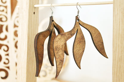 Wooden leaf boho earrings - chestnut color - 3 inches - with silver plated hooks - handmade earrings