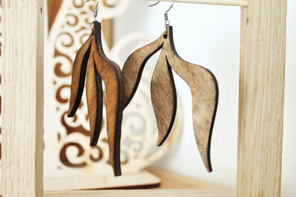 Wooden leaf boho earrings - chestnut color - 3 inches - with silver plated hooks - handmade earrings