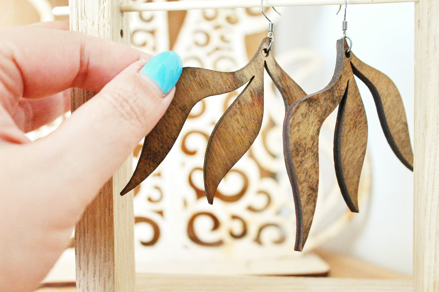 Wooden leaf boho earrings - chestnut color - 3 inches - with silver plated hooks - handmade earrings