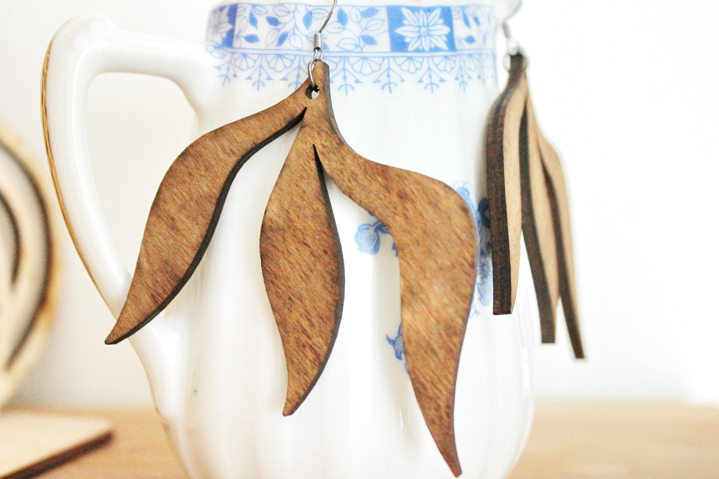 Wooden leaf boho earrings - chestnut color - 3 inches - with silver plated hooks - handmade earrings