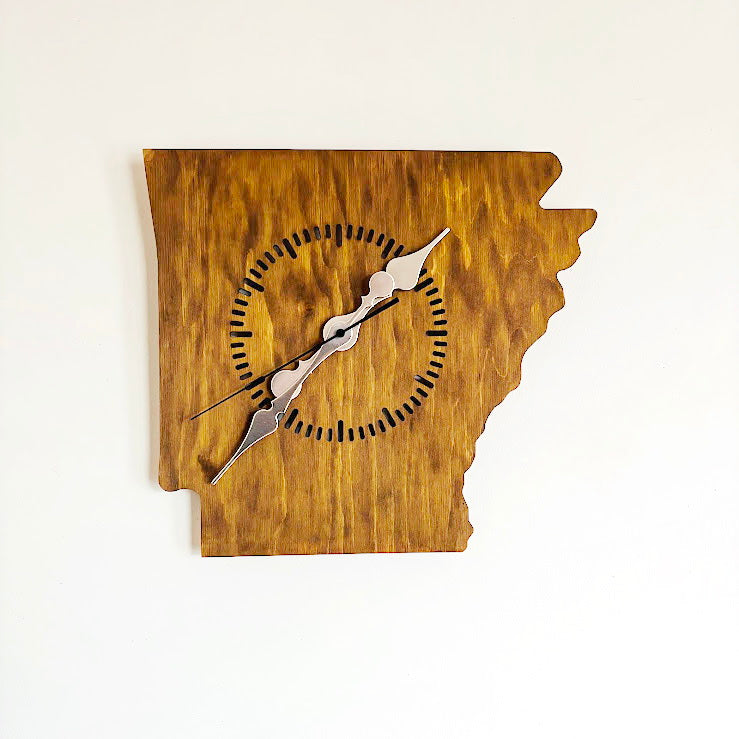 Handmade Arkansas Wall Clock – Rustic State Shape Clock, 6mm Plywood, Chestnut/Oak Wood Stain, Unique Gift for Home or Office Décor - 13.4 inch