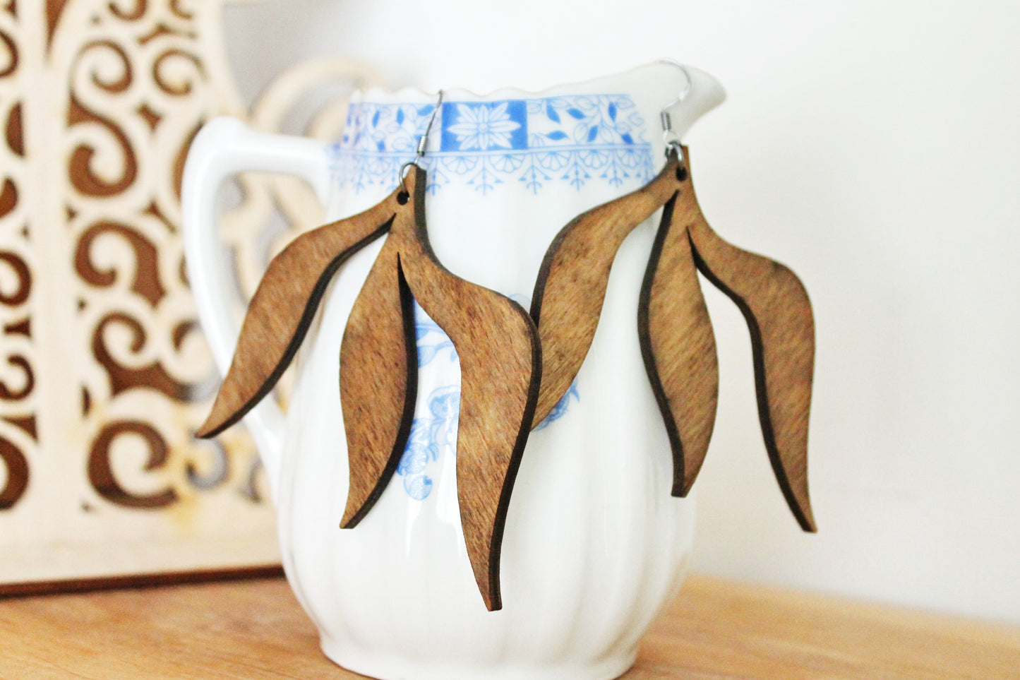 Wooden leaf boho earrings - chestnut color - 3 inches - with silver plated hooks - handmade earrings