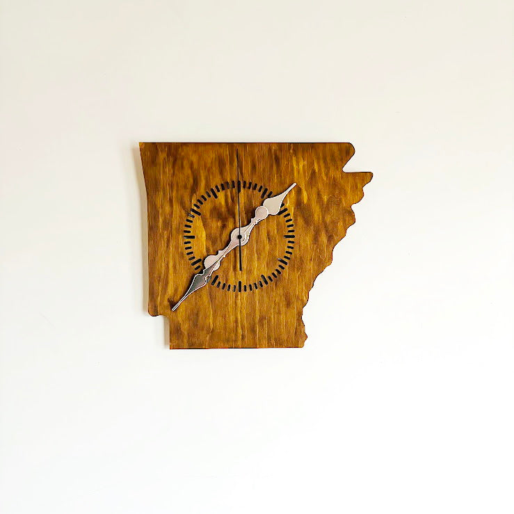Handmade Arkansas Wall Clock – Rustic State Shape Clock, 6mm Plywood, Chestnut/Oak Wood Stain, Unique Gift for Home or Office Décor - 13.4 inch