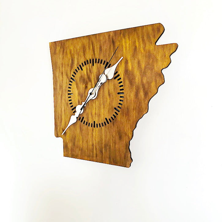 Handmade Arkansas Wall Clock – Rustic State Shape Clock, 6mm Plywood, Chestnut/Oak Wood Stain, Unique Gift for Home or Office Décor - 13.4 inch