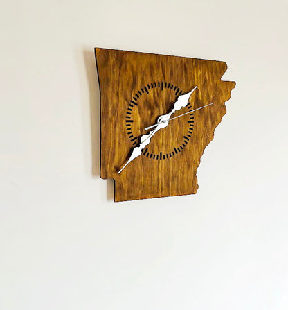 Handmade Arkansas Wall Clock – Rustic State Shape Clock, 6mm Plywood, Chestnut/Oak Wood Stain, Unique Gift for Home or Office Décor - 13.4 inch