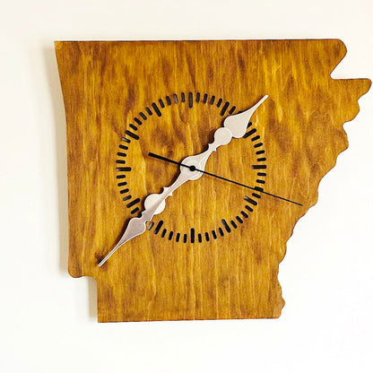 Handmade Arkansas Wall Clock – Rustic State Shape Clock, 6mm Plywood, Chestnut/Oak Wood Stain, Unique Gift for Home or Office Décor - 13.4 inch