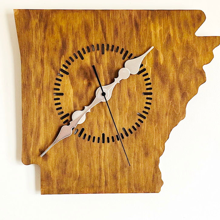 Handmade Arkansas Wall Clock – Rustic State Shape Clock, 6mm Plywood, Chestnut/Oak Wood Stain, Unique Gift for Home or Office Décor - 13.4 inch