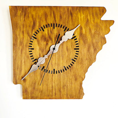 Handmade Arkansas Wall Clock – Rustic State Shape Clock, 6mm Plywood, Chestnut/Oak Wood Stain, Unique Gift for Home or Office Décor - 13.4 inch