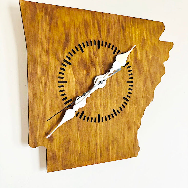 Handmade Arkansas Wall Clock – Rustic State Shape Clock, 6mm Plywood, Chestnut/Oak Wood Stain, Unique Gift for Home or Office Décor - 13.4 inch