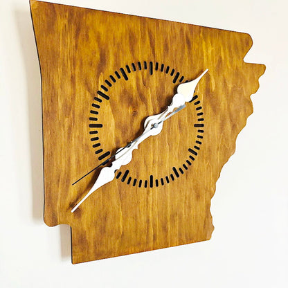 Handmade Arkansas Wall Clock – Rustic State Shape Clock, 6mm Plywood, Chestnut/Oak Wood Stain, Unique Gift for Home or Office Décor - 13.4 inch