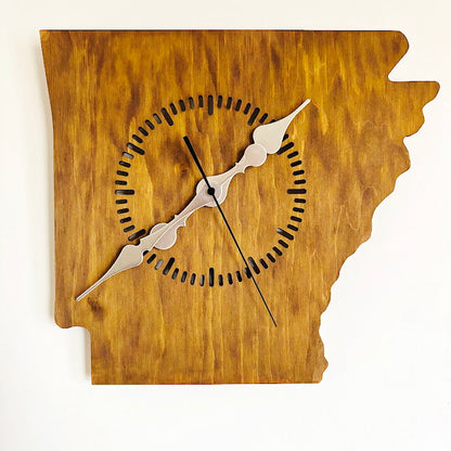 Handmade Arkansas Wall Clock – Rustic State Shape Clock, 6mm Plywood, Chestnut/Oak Wood Stain, Unique Gift for Home or Office Décor - 13.4 inch