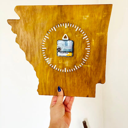 Handmade Arkansas Wall Clock – Rustic State Shape Clock, 6mm Plywood, Chestnut/Oak Wood Stain, Unique Gift for Home or Office Décor - 13.4 inch