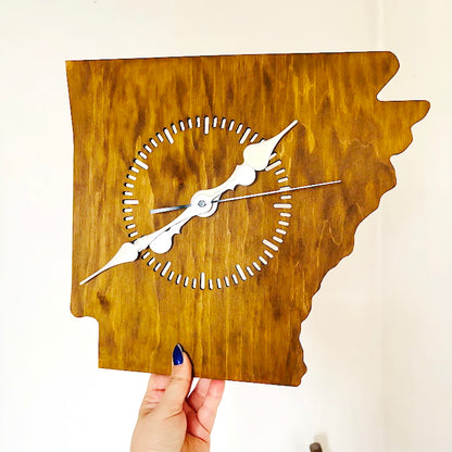 Handmade Arkansas Wall Clock – Rustic State Shape Clock, 6mm Plywood, Chestnut/Oak Wood Stain, Unique Gift for Home or Office Décor - 13.4 inch
