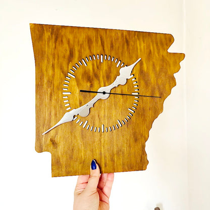 Handmade Arkansas Wall Clock – Rustic State Shape Clock, 6mm Plywood, Chestnut/Oak Wood Stain, Unique Gift for Home or Office Décor - 13.4 inch