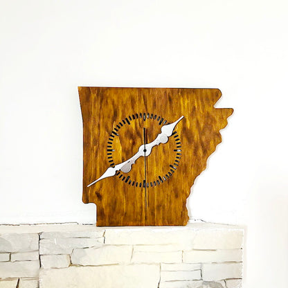 Handmade Arkansas Wall Clock – Rustic State Shape Clock, 6mm Plywood, Chestnut/Oak Wood Stain, Unique Gift for Home or Office Décor - 13.4 inch