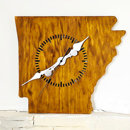 Handmade Arkansas Wall Clock – Rustic State Shape Clock, 6mm Plywood, Chestnut/Oak Wood Stain, Unique Gift for Home or Office Décor - 13.4 inch