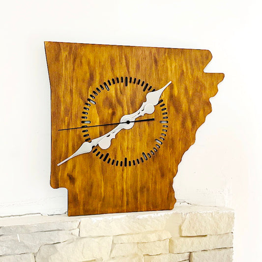 Handmade Arkansas Wall Clock – Rustic State Shape Clock, 6mm Plywood, Chestnut/Oak Wood Stain, Unique Gift for Home or Office Décor - 13.4 inch
