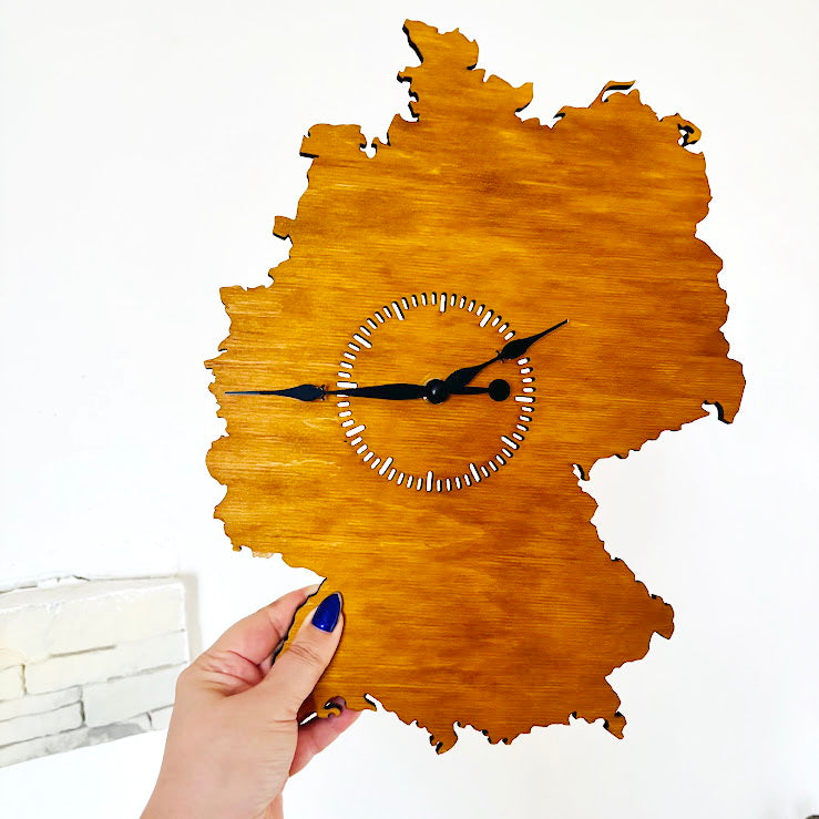 Wooden Wall Clock Germany Map – Handmade Wooden Clock 380 x 270 mm (15 x 10.6 inches) – Silent Quartz Clock Mechanism – Wall Art Clock