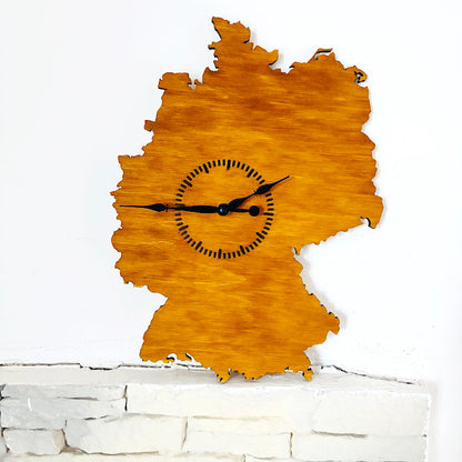 Wooden Wall Clock Germany Map – Handmade Wooden Clock 380 x 270 mm (15 x 10.6 inches) – Silent Quartz Clock Mechanism – Wall Art Clock
