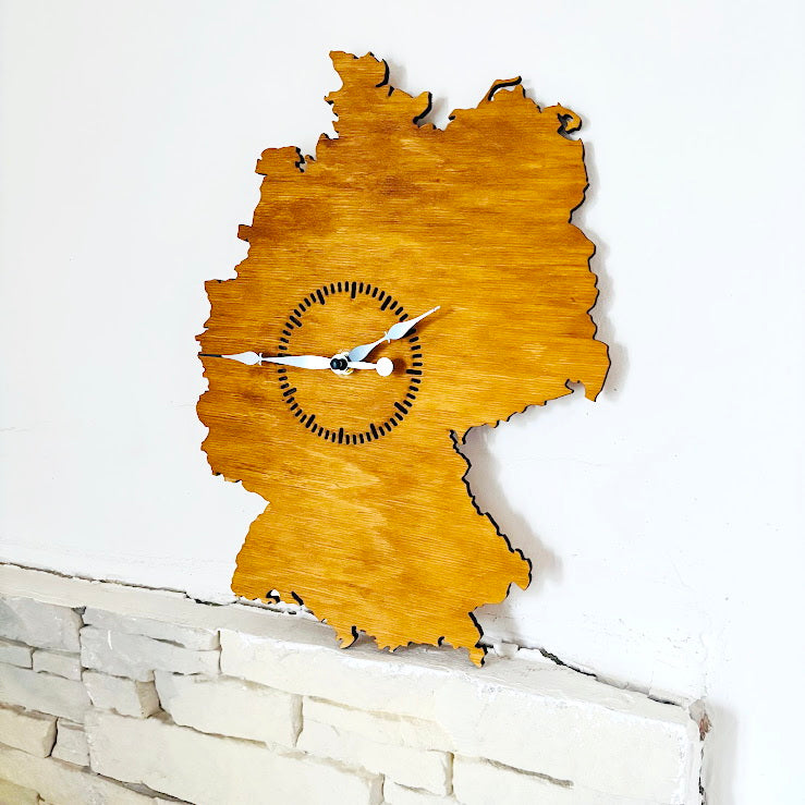 Wooden Wall Clock Germany Map – Handmade Wooden Clock 380 x 270 mm (15 x 10.6 inches) – Silent Quartz Clock Mechanism – Wall Art Clock