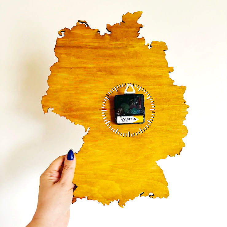 Wooden Wall Clock Germany Map – Handmade Wooden Clock 380 x 270 mm (15 x 10.6 inches) – Silent Quartz Clock Mechanism – Wall Art Clock