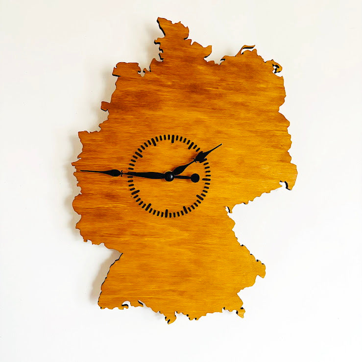 Wooden Wall Clock Germany Map – Handmade Wooden Clock 380 x 270 mm (15 x 10.6 inches) – Silent Quartz Clock Mechanism – Wall Art Clock