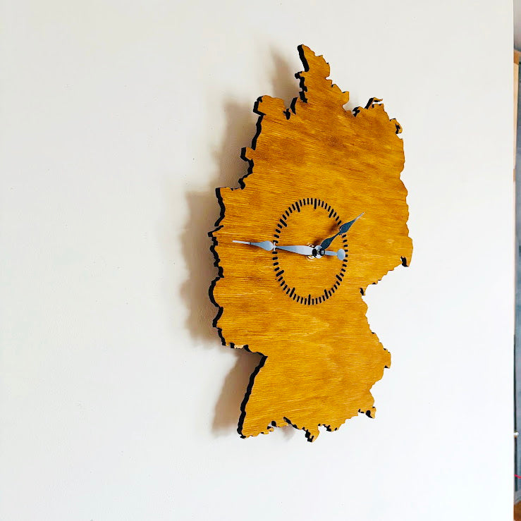 Wooden Wall Clock Germany Map – Handmade Wooden Clock 380 x 270 mm (15 x 10.6 inches) – Silent Quartz Clock Mechanism – Wall Art Clock