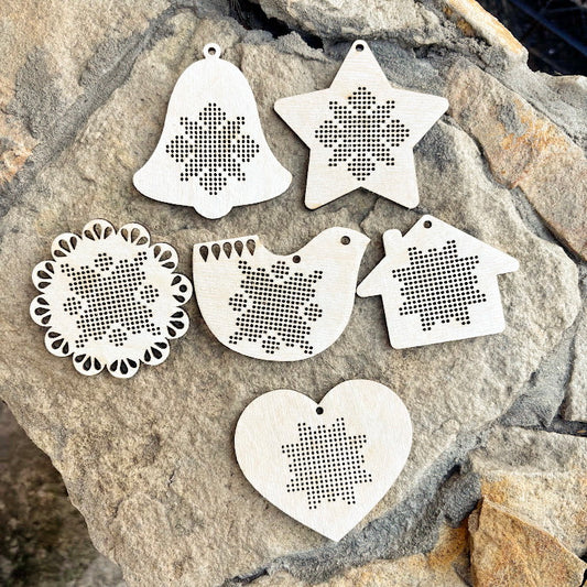 Wooden Cross Stitch Blanks Christmas Ornaments – Laser Cut Birch Shapes – DIY Embroidery Craft – Natural Wood Decor-1
