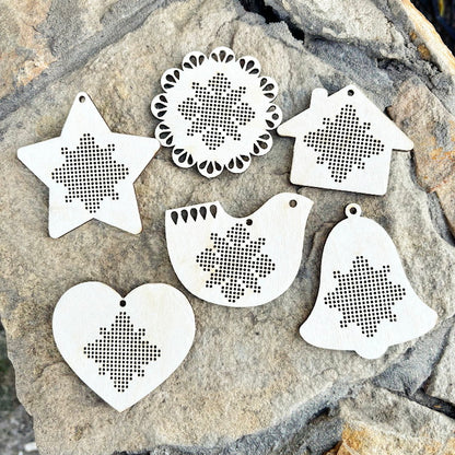 Wooden Cross Stitch Blanks Christmas Ornaments – Laser Cut Birch Shapes – DIY Embroidery Craft – Natural Wood Decor-2